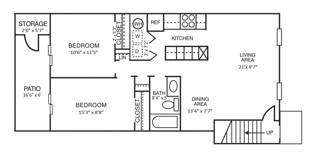 Floor plan for 2 beds, 1 bath, 825 sqft